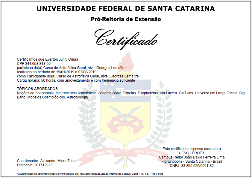 Image of the certificate of completion of the General Astrophysics course