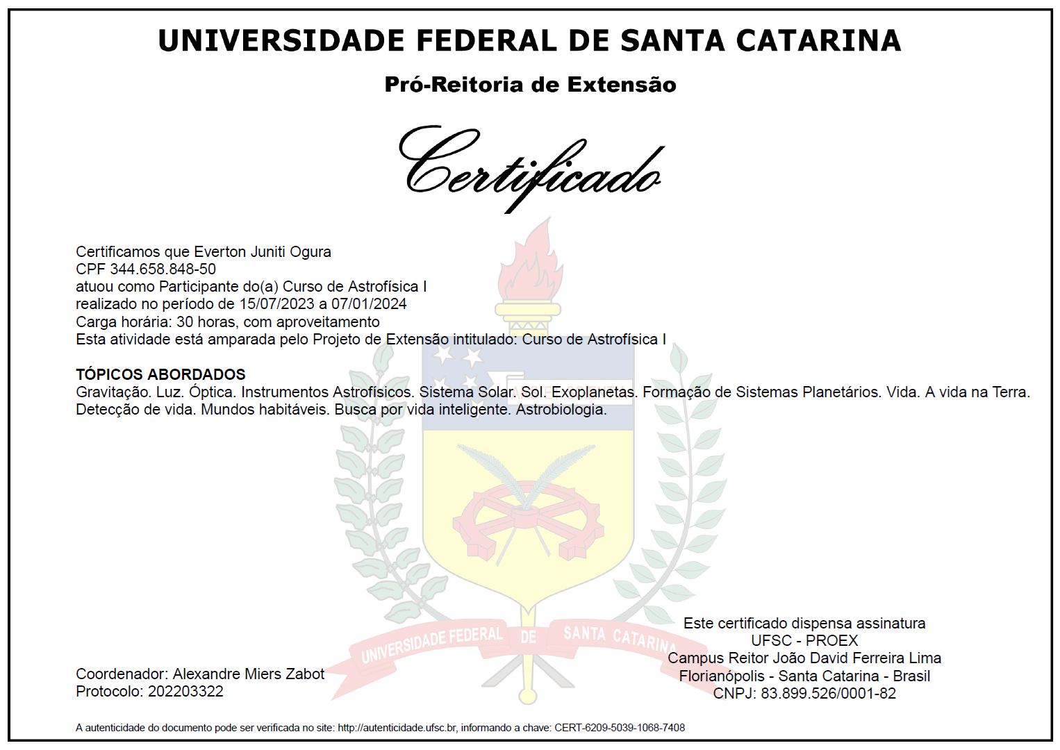 Imagem do certificado de conclusão do curso de Astrofísica I (2ª edição)