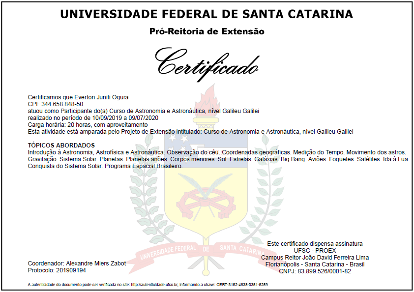 Imagem do certificado de conclusão do curso de Astronomia e Astronáutica