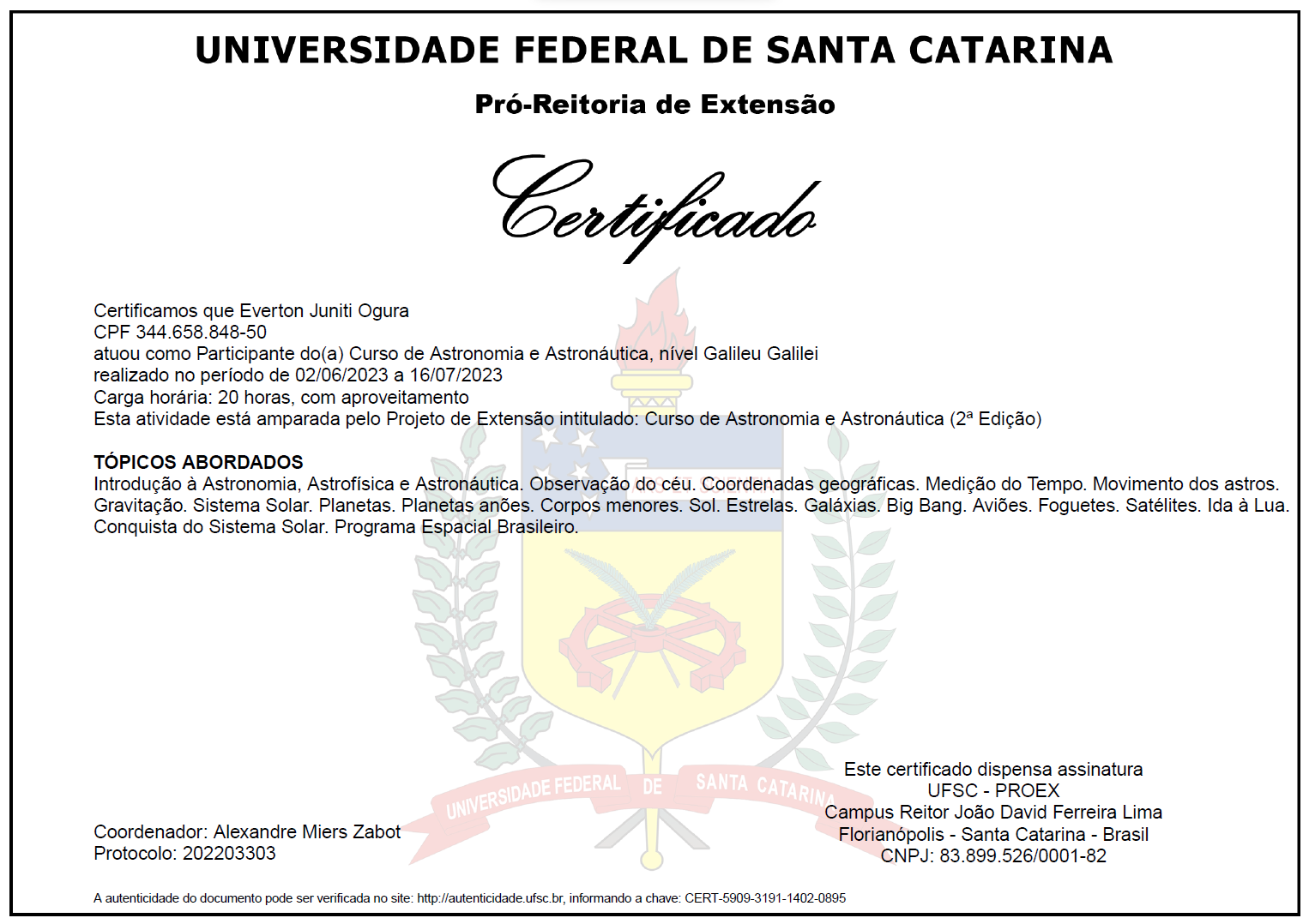 Imagem do certificado de conclusão do curso de Astronomia e Astronáutica (2ª edição)