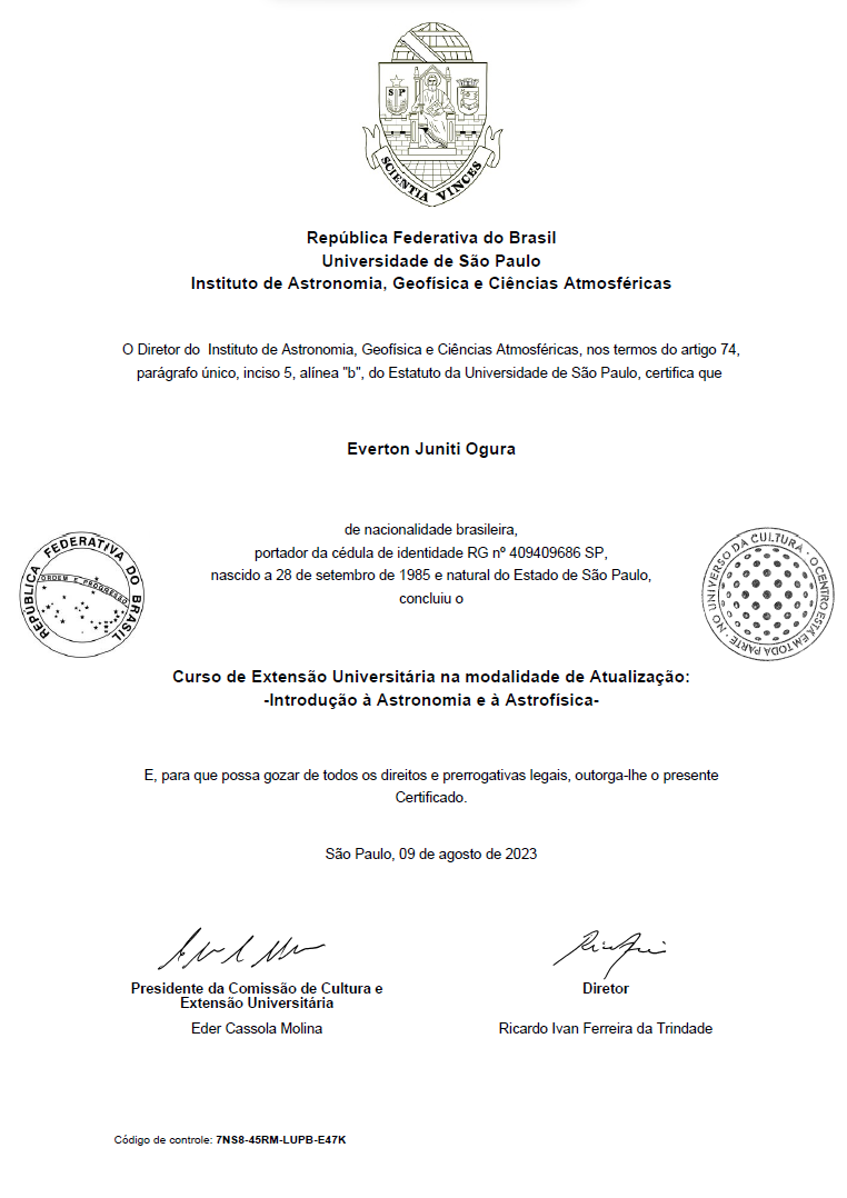 Imagem do certificado de conclusão da extensão em Introdução à Astronomia e à Astrofísica