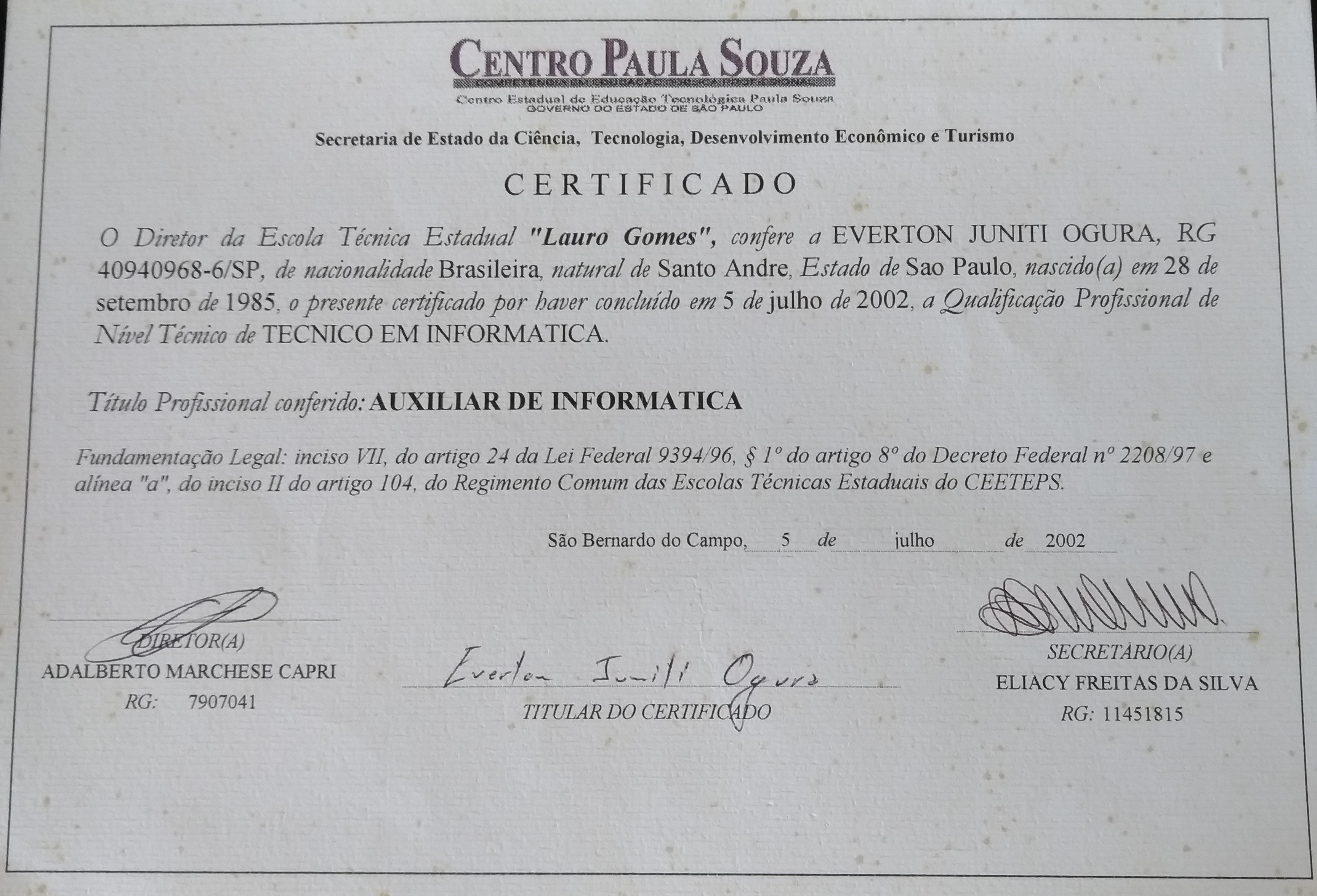 Image of the diploma of technical education in Informatics
