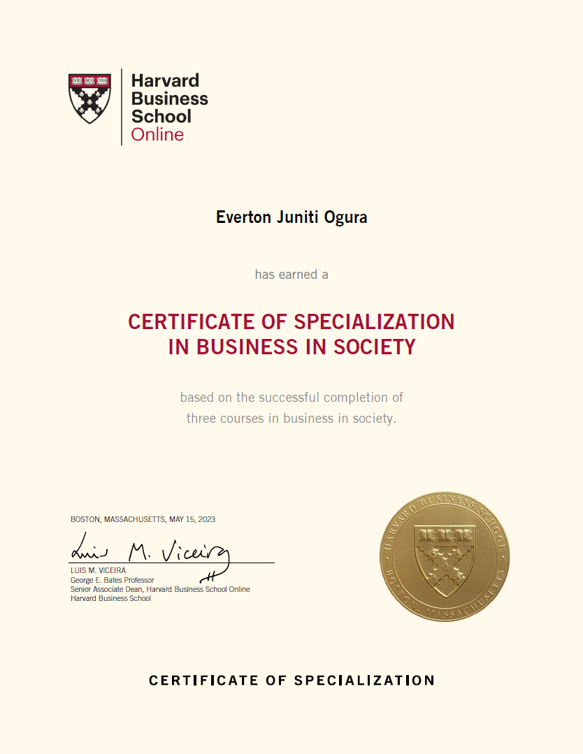 Imagem refente à certificação de Especialização em Business in Society pela Harvard Business School Online