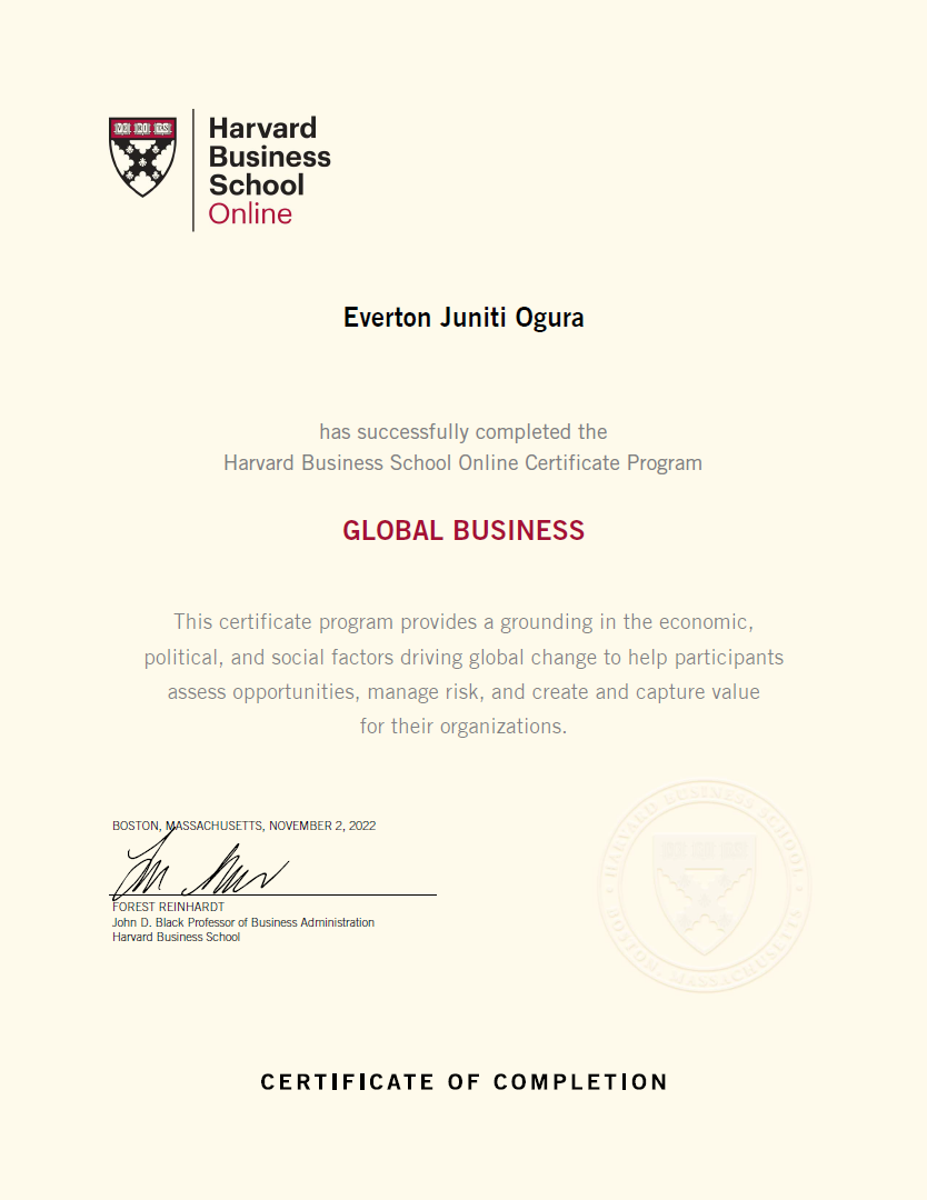 Imagem refente à certificação em Global Business pela Harvard Business School Online