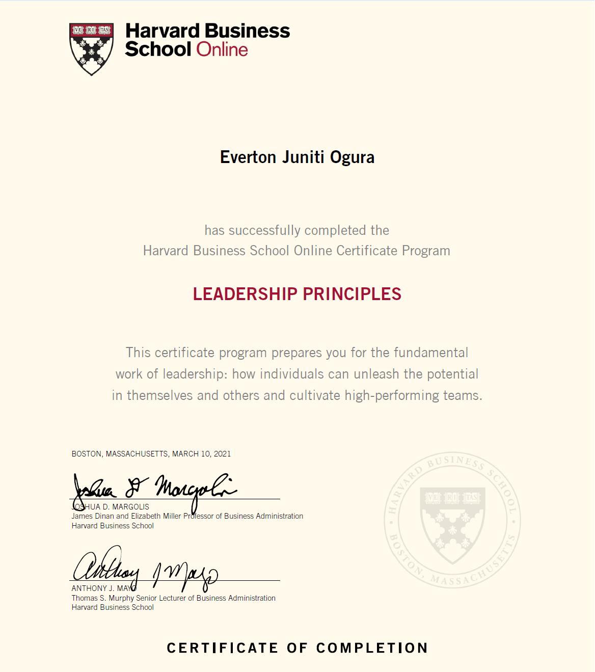 Imagem refente à certificação em Leadership Principles pela Harvard Business School Online