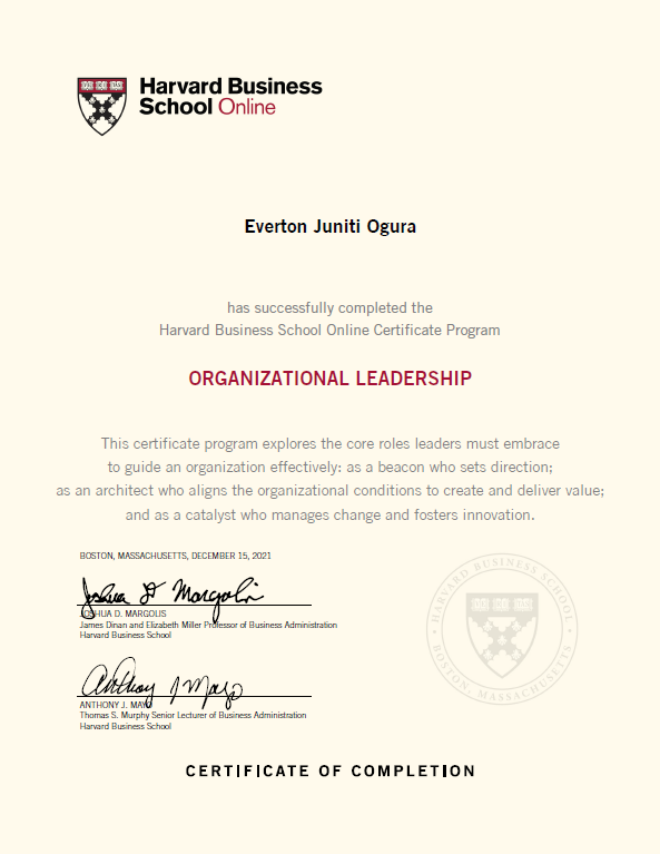 Imagem refente à certificação em Organizational Leadership pela Harvard Business School Online