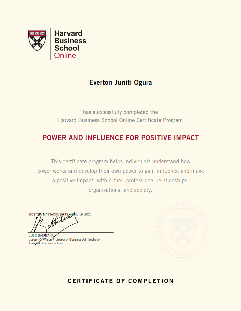Imagem refente à certificação em Power and Influence for Positive Impact pela Harvard Business School Online