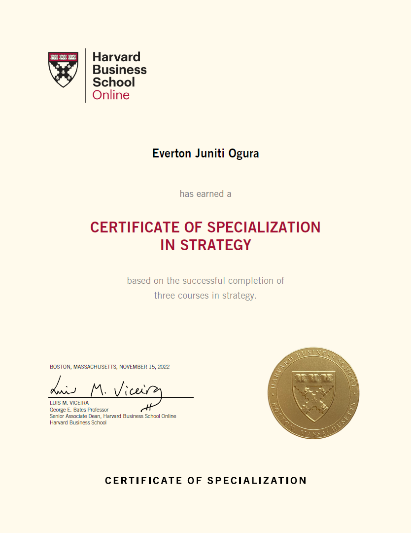 Imagem refente à certificação de Especialização em Strategy pela Harvard Business School Online