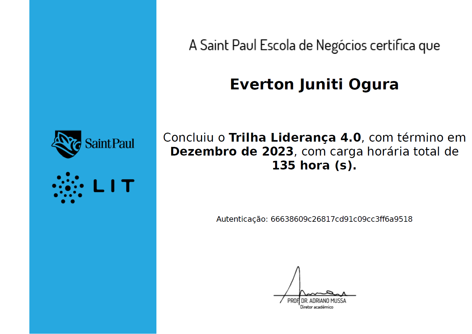 Image of the certificate of completion of the Leadership 4.0 track by Saint Paul Escola de Negócios