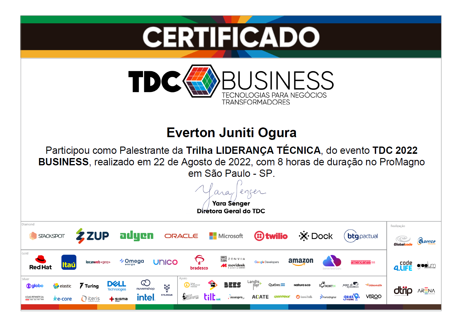 Foto do certificado de participação como palestrante na TDC Business 2022